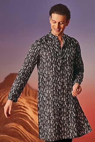 Black Chiku Silk Printed Handcrafted Kurta by Eleven Brothers