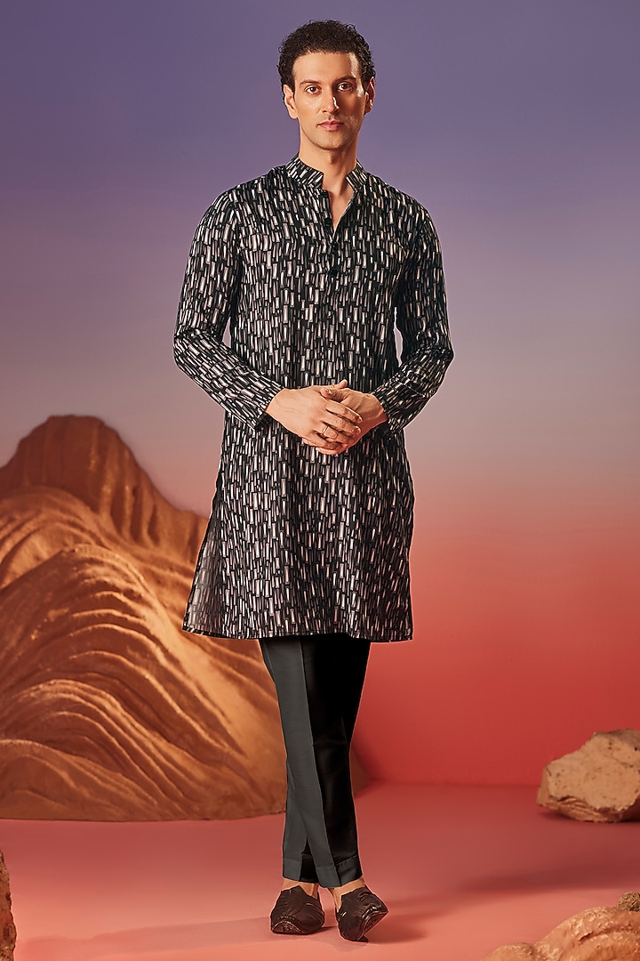 Black Chiku Silk Printed Handcrafted Kurta by Eleven Brothers at Pernia's Pop Up Shop