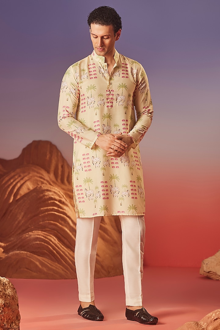 Yellow Chiku Silk Printed Handcrafted Kurta by Eleven Brothers