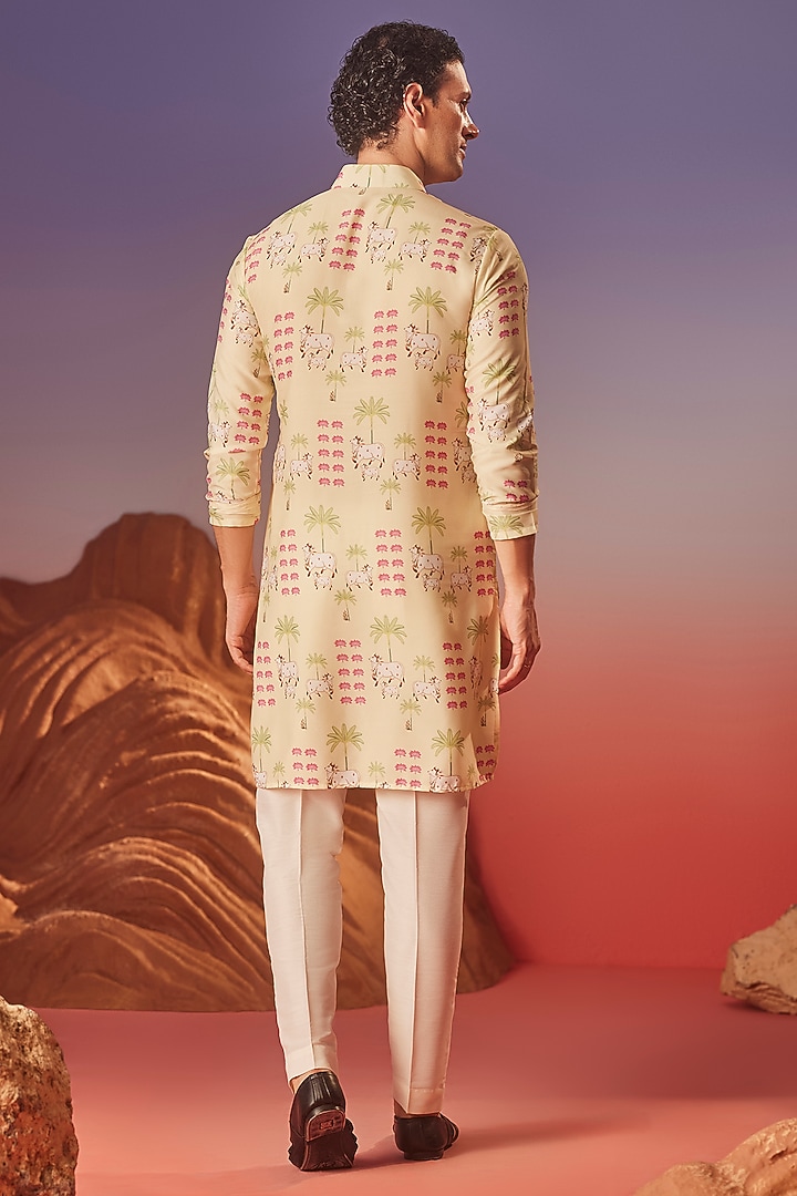 Yellow Chiku Silk Printed Handcrafted Kurta by Eleven Brothers at Pernia's Pop Up Shop
