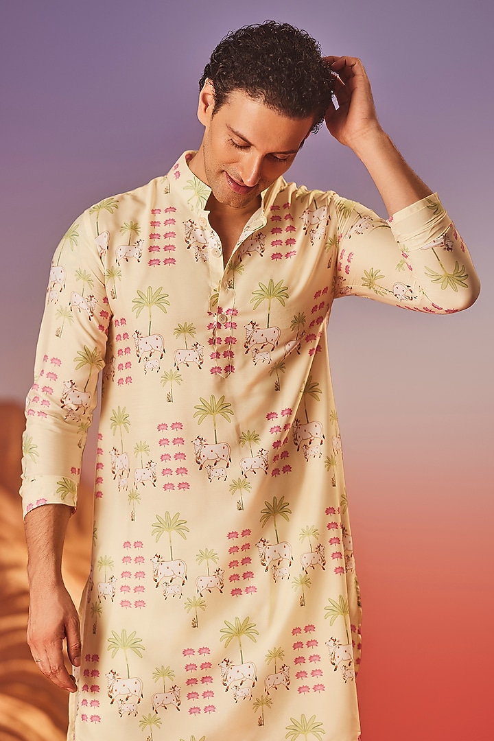 Yellow Chiku Silk Printed Handcrafted Kurta by Eleven Brothers at Pernia's Pop Up Shop