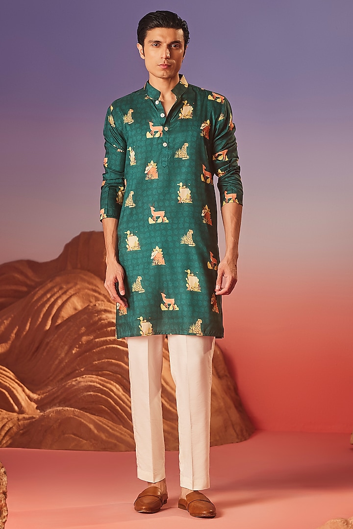 Green Chiku Silk Printed Handcrafted Kurta by Eleven Brothers