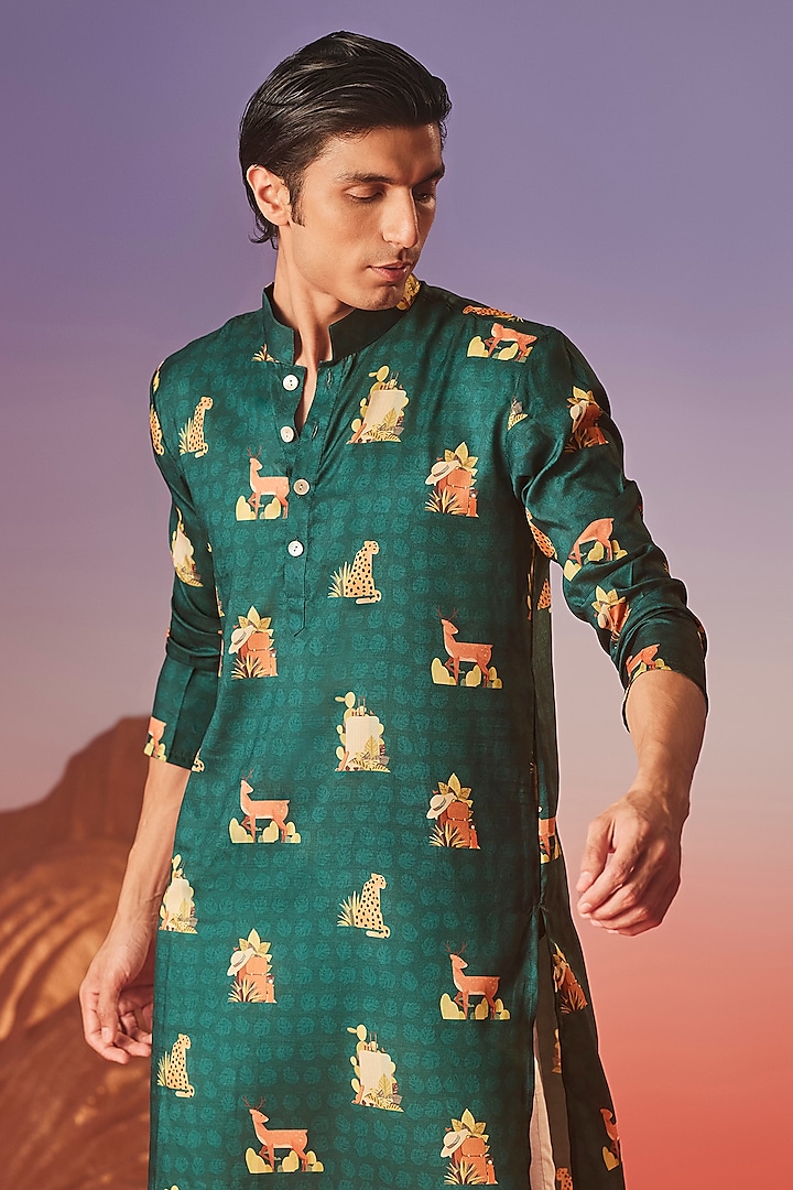 Green Chiku Silk Printed Handcrafted Kurta by Eleven Brothers at Pernia's Pop Up Shop
