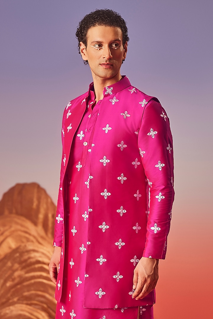 Dark Pink Taffeta Silk Mirror Embroidered Indo-Western Jacket Set by Eleven Brothers at Pernia's Pop Up Shop