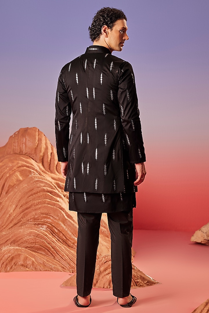 Black Taffeta Silk Mirror Embroidered Indo-Western Jacket Set by Eleven Brothers at Pernia's Pop Up Shop