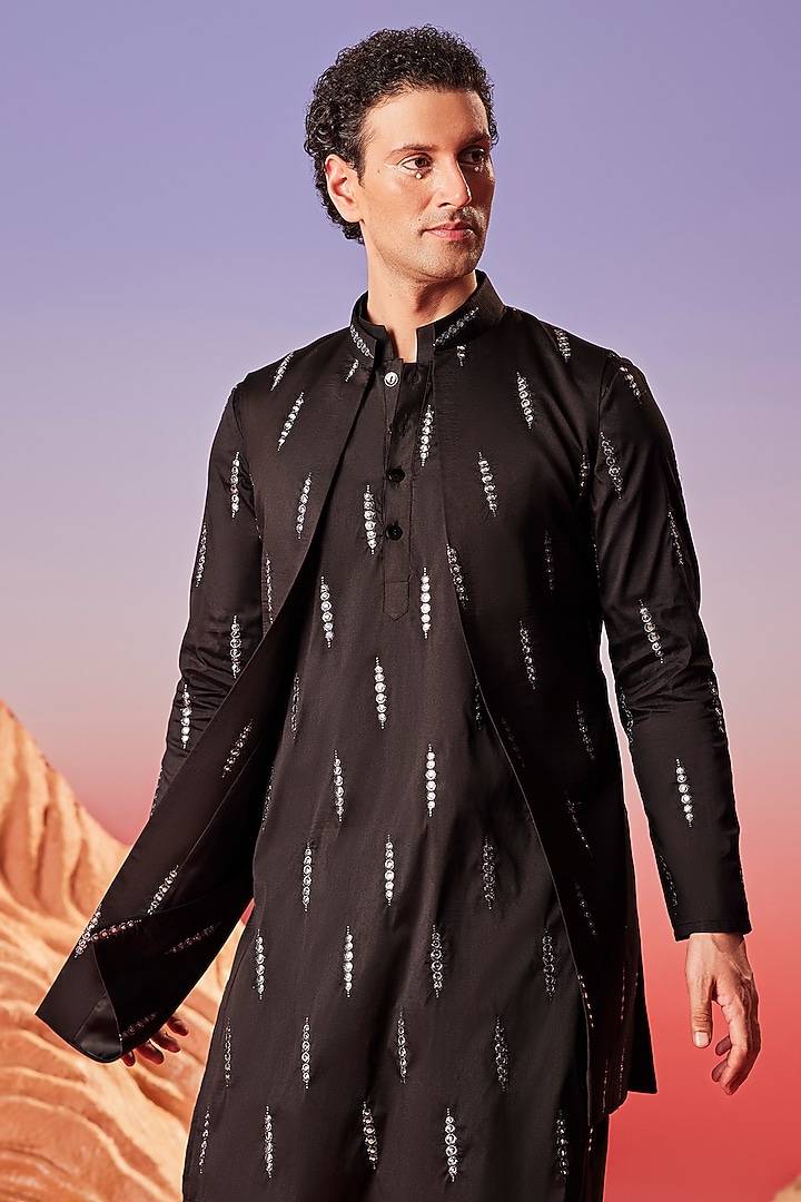 Black Taffeta Silk Mirror Embroidered Indo-Western Jacket Set by Eleven Brothers at Pernia's Pop Up Shop
