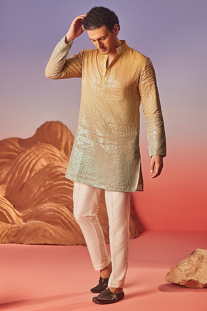 Yellow Chiku Silk Embroidered Kurta Set by Eleven Brothers at Pernia's Pop Up Shop