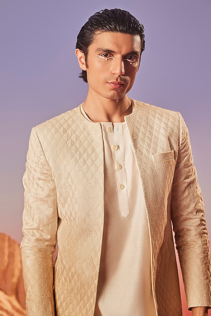 Beige Chanderi Silk Embroidered Indo-Western Jacket Set by Eleven Brothers at Pernia's Pop Up Shop