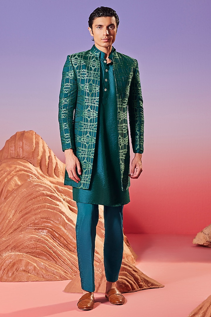 Green Chanderi Silk Embroidered Indo-Western Jacket Set by Eleven Brothers