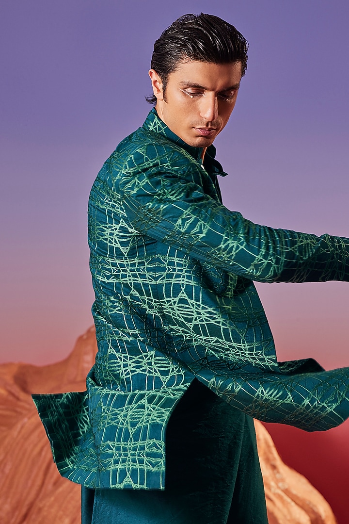 Green Chanderi Silk Embroidered Indo-Western Jacket Set by Eleven Brothers at Pernia's Pop Up Shop