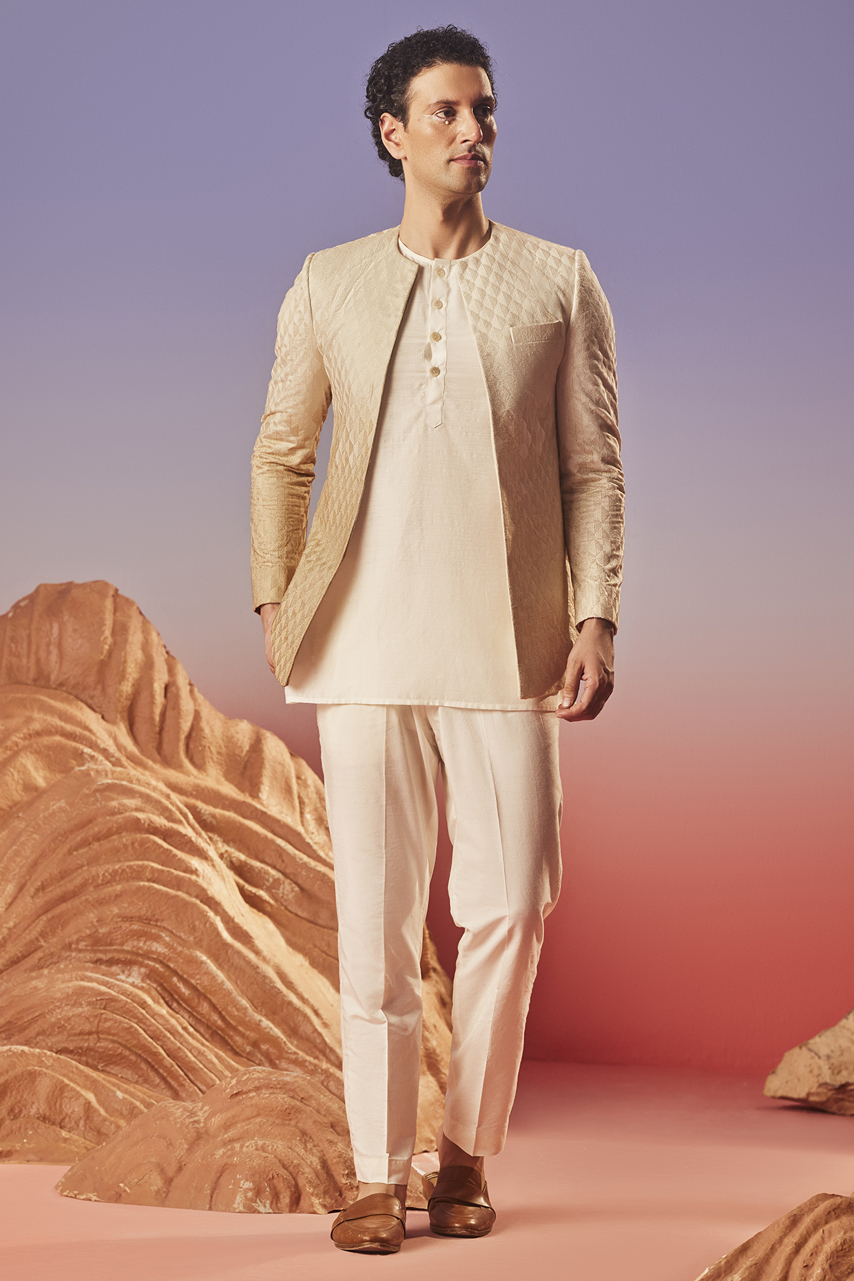 Beige Chanderi Silk Embroidered Indo-Western Jacket Set by Eleven Brothers at Pernia's Pop Up Shop