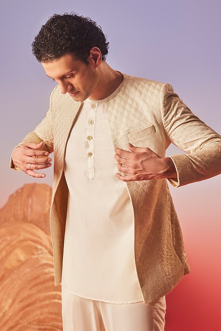 Beige Chanderi Silk Embroidered Indo-Western Jacket Set by Eleven Brothers at Pernia's Pop Up Shop