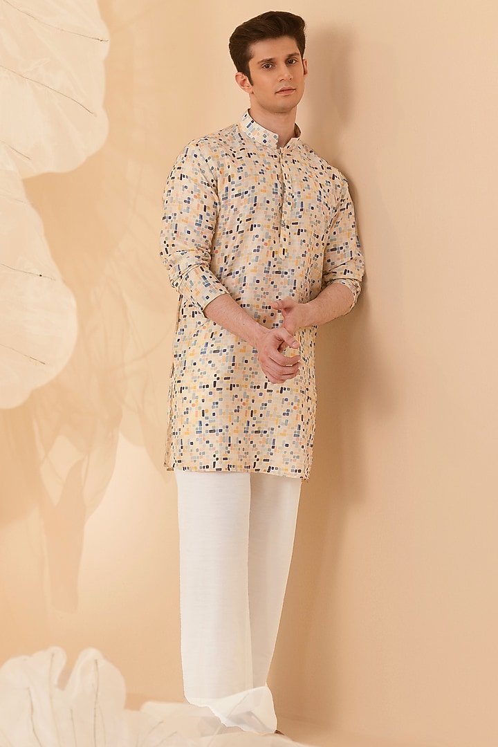 Yellow Silk Handcrafted Printed Kurta by Eleven Brothers at Pernia's Pop Up Shop