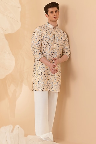 Yellow Silk Handcrafted Printed Kurta by Eleven Brothers