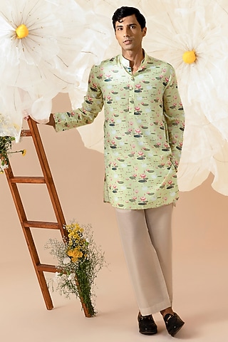 Green Silk Handcrafted Printed Kurta by Eleven Brothers
