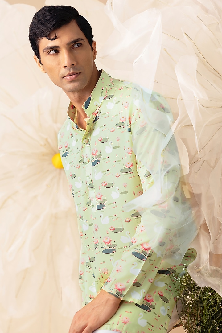 Green Silk Handcrafted Printed Kurta by Eleven Brothers at Pernia's Pop Up Shop