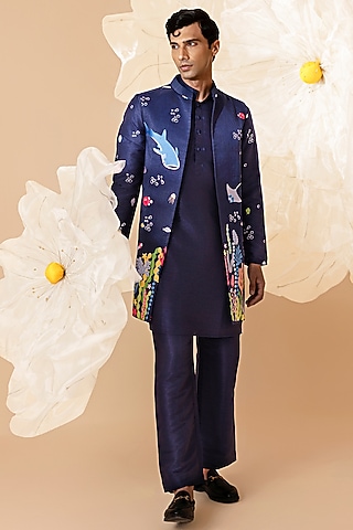 Blue Silk Hand Embroidered Bundi Jacket Set by Eleven Brothers