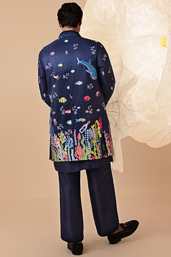 Blue Silk Hand Embroidered Bundi Jacket Set by Eleven Brothers at Pernia's Pop Up Shop
