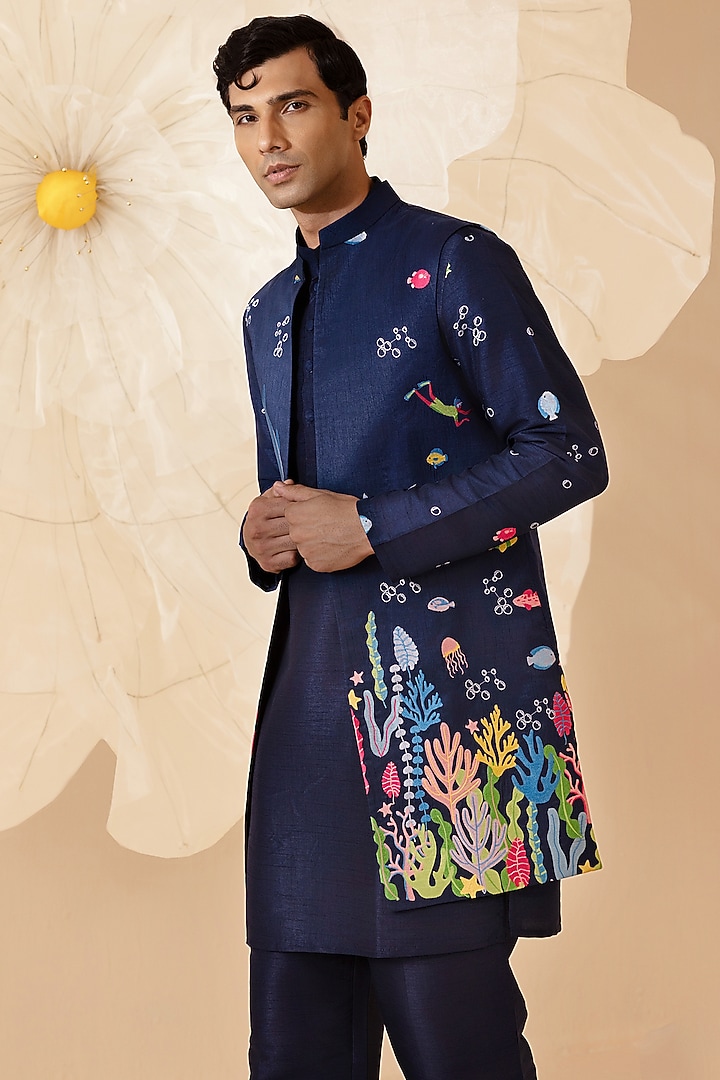 Blue Silk Hand Embroidered Bundi Jacket Set by Eleven Brothers at Pernia's Pop Up Shop