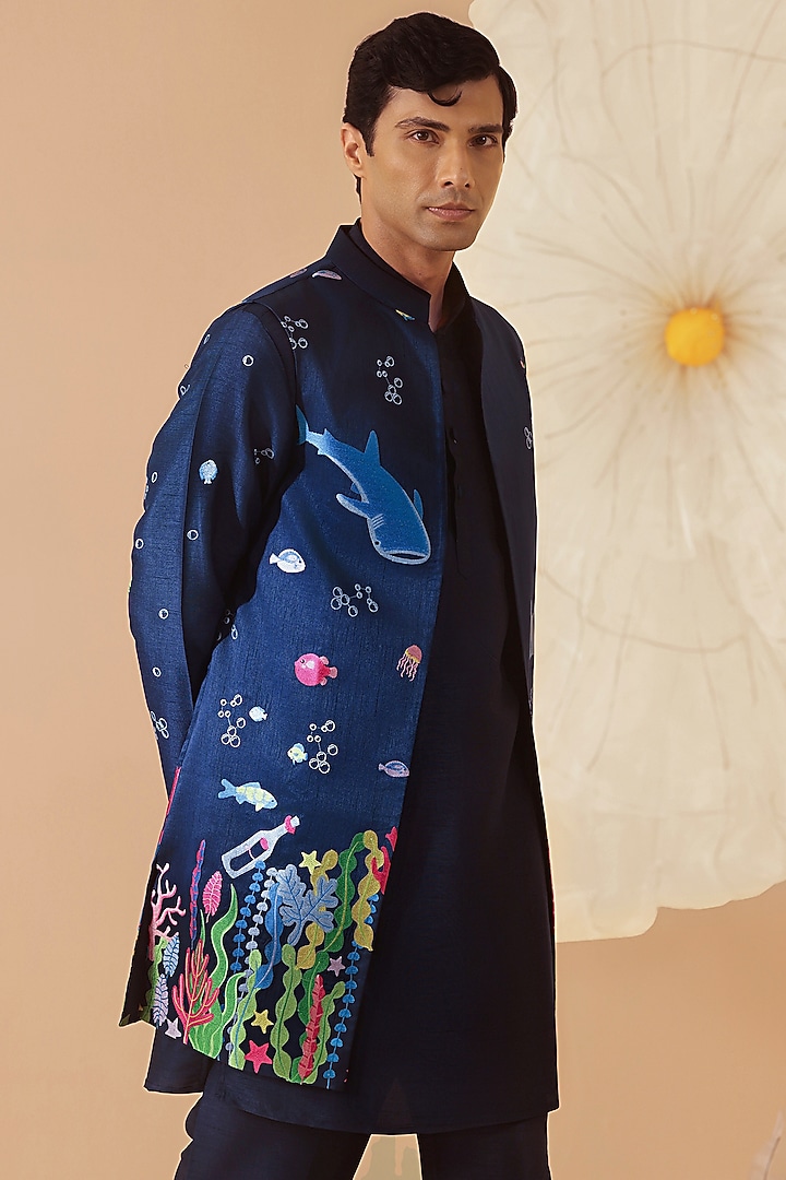 Blue Silk Hand Embroidered Bundi Jacket Set by Eleven Brothers at Pernia's Pop Up Shop