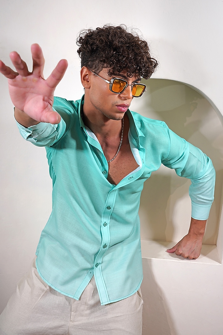 Light Green Shaded Linen Summer Shirt by Eleven Brothers at Pernia's Pop Up Shop