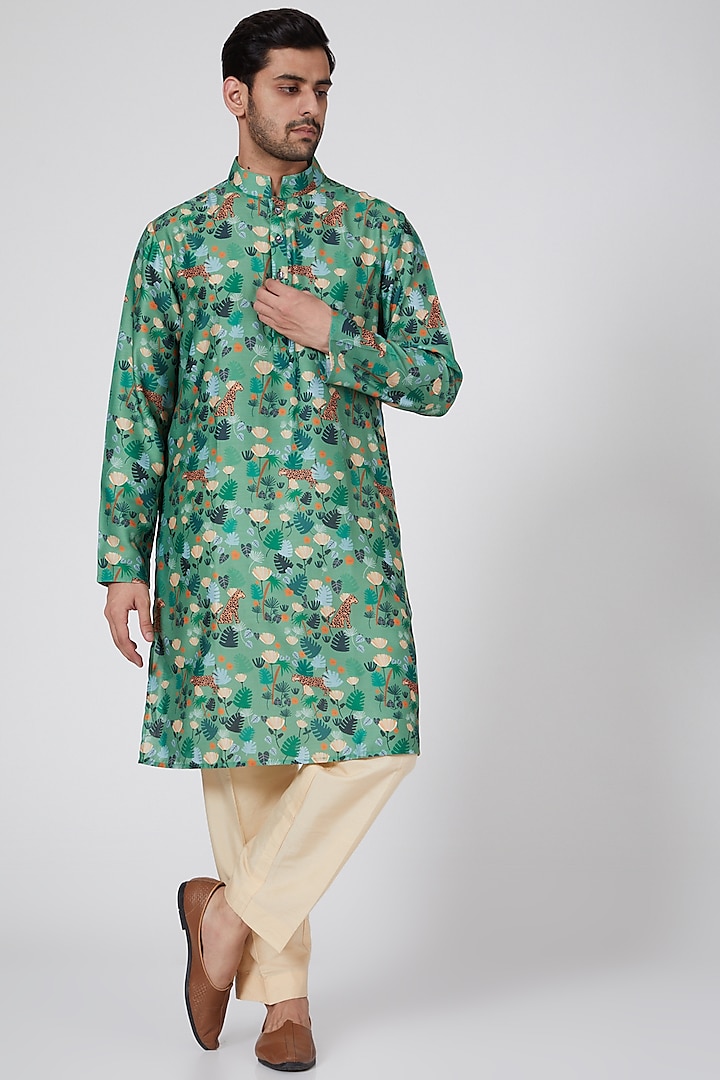 Olive Green Printed Handcrafted Kurta Set by Eleven Brothers