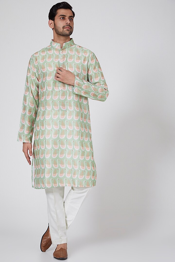 Mint Green Handcrafted Printed Kurta Set by Eleven Brothers
