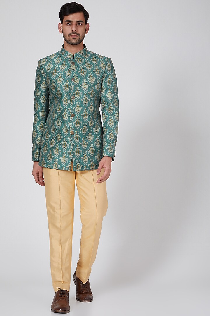 Emerald Green Printed Bandhgala Set by Eleven Brothers at Pernia's Pop Up Shop