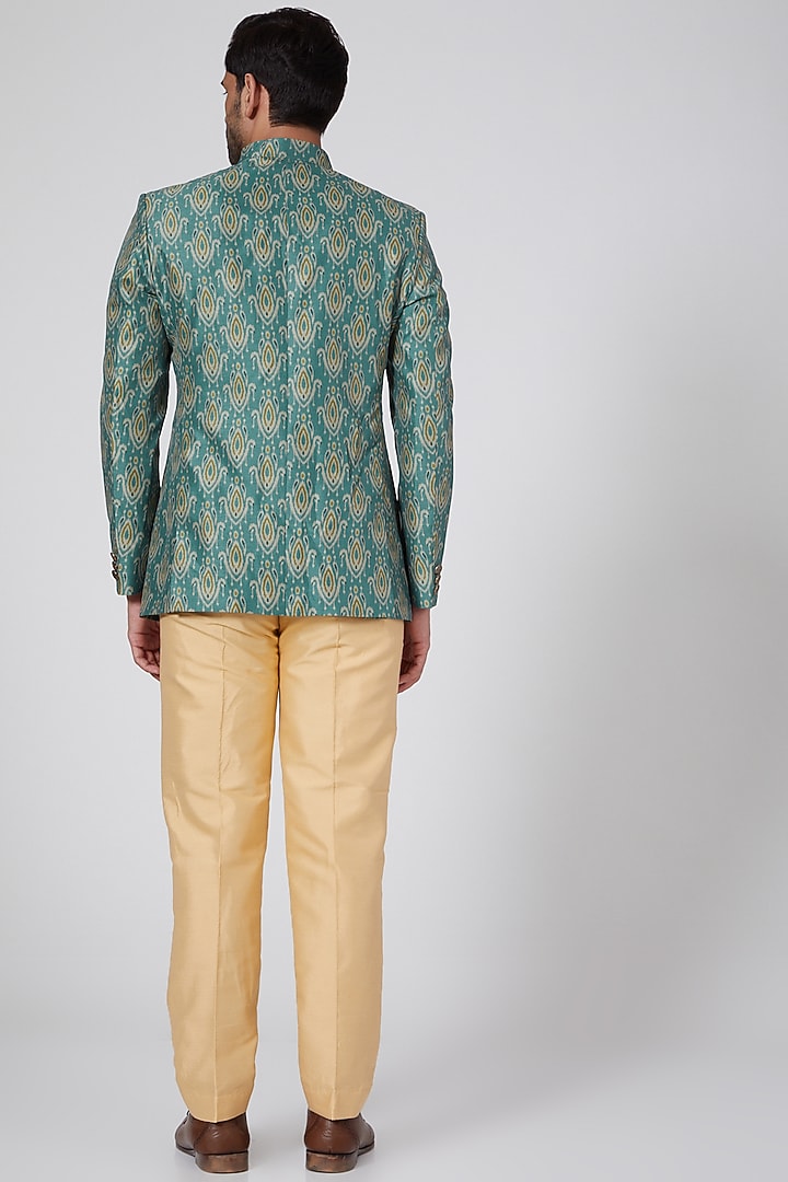 Emerald Green Printed Bandhgala Set by Eleven Brothers at Pernia's Pop Up Shop
