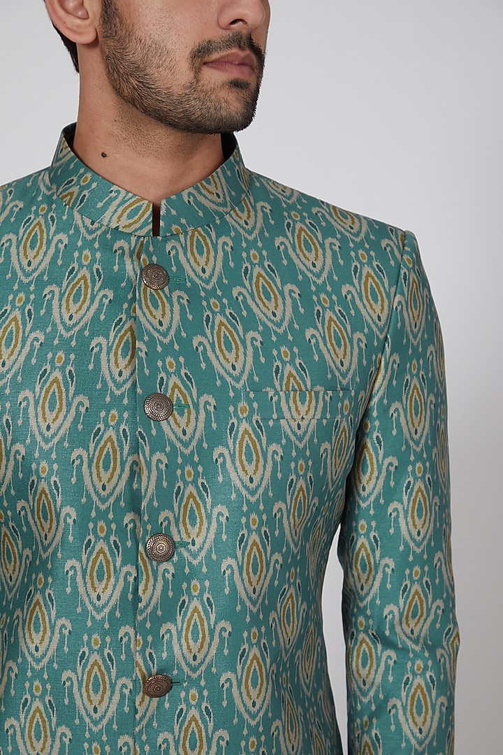 Emerald Green Printed Bandhgala Set by Eleven Brothers at Pernia's Pop Up Shop