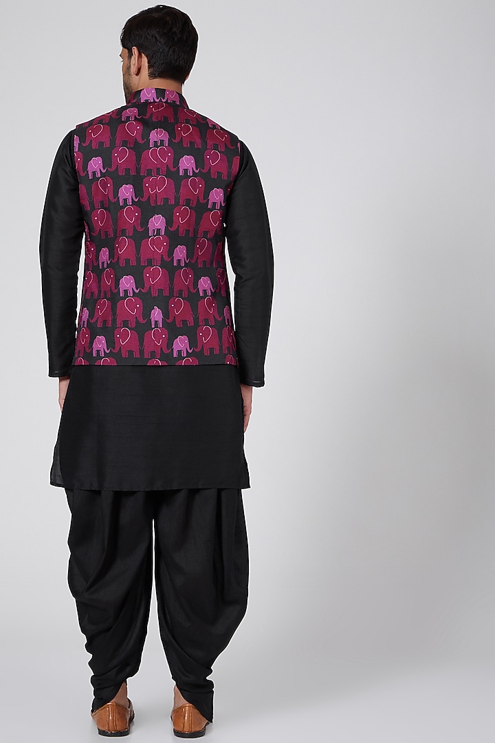 Black Printed Nehru Jacket Set by Eleven Brothers at Pernia's Pop Up Shop