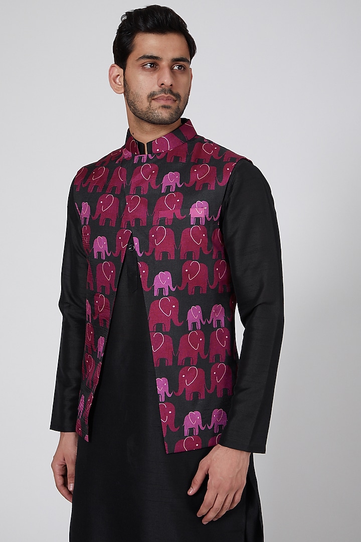 Black Printed Nehru Jacket Set by Eleven Brothers at Pernia's Pop Up Shop