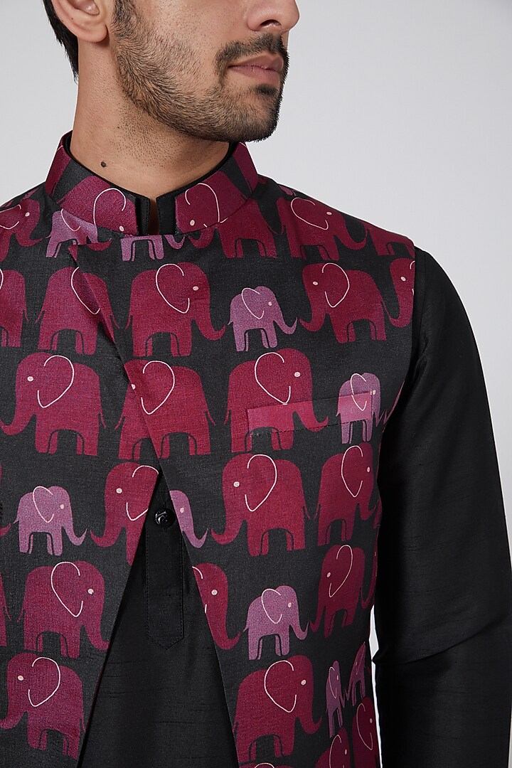 Black Printed Nehru Jacket Set by Eleven Brothers at Pernia's Pop Up Shop