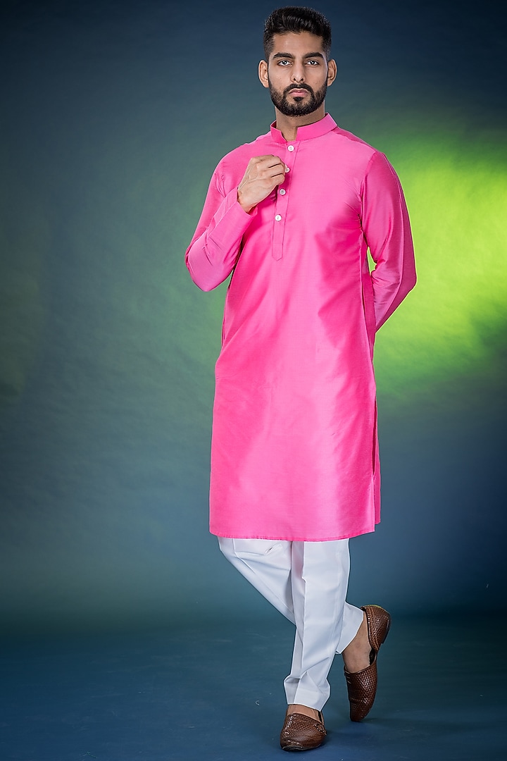 Pink Cotton Silk Kurta Set by Eleven Brothers