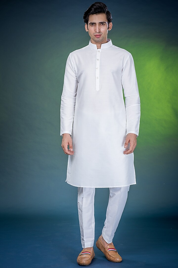 White Cotton Silk Kurta Set by Eleven Brothers