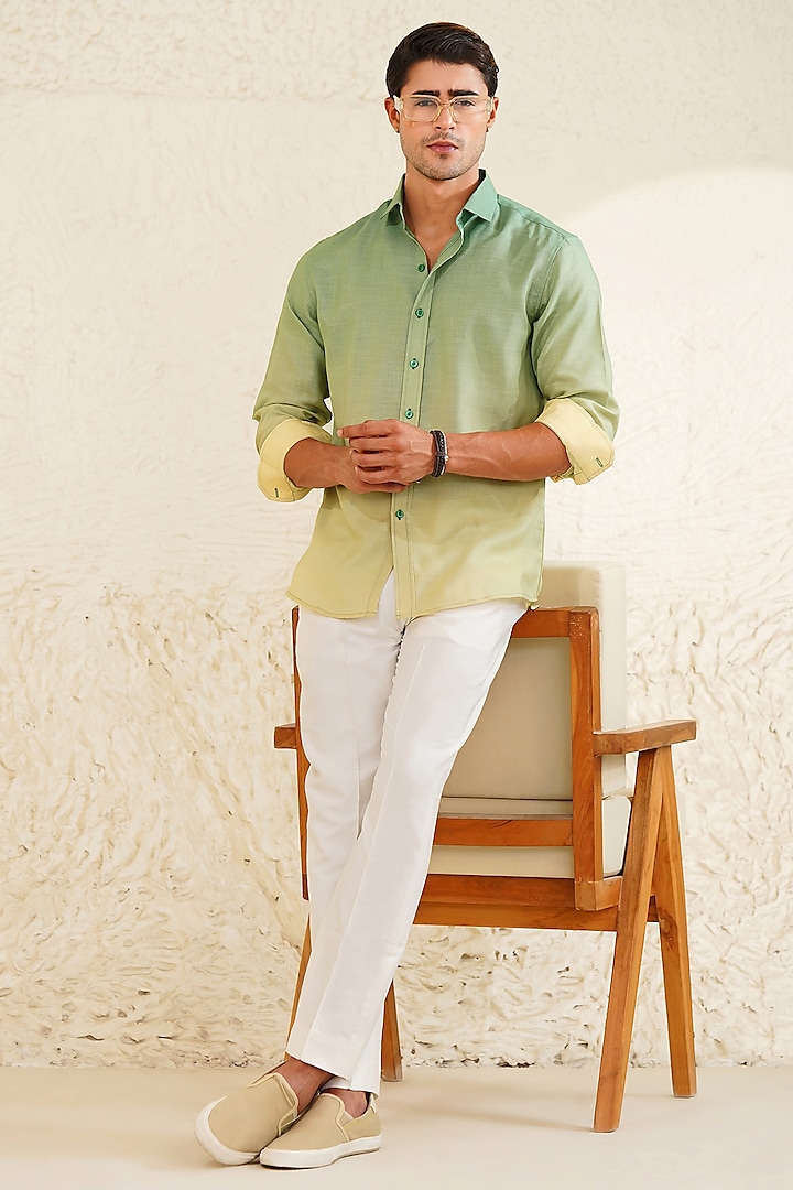 Sage Green Linen Ombre Printed Shirt by Eleven Brothers