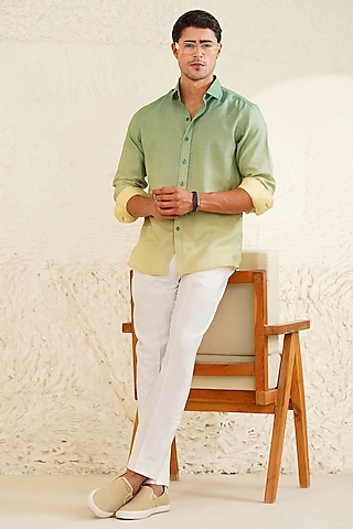 Sage Green Linen Ombre Printed Shirt by Eleven Brothers