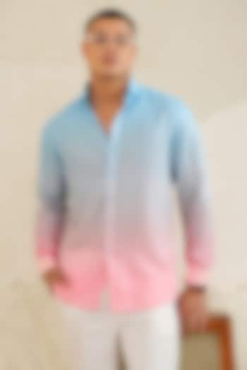 Pastel Blue Linen Ombre Printed Shirt by Eleven Brothers
