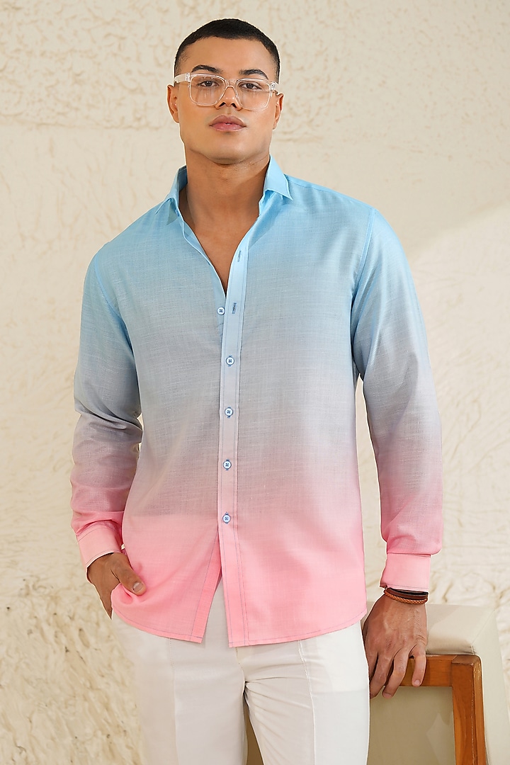 Pastel Blue Linen Ombre Printed Shirt by Eleven Brothers