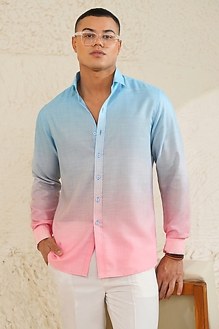 Pastel Blue Linen Ombre Printed Shirt by Eleven Brothers