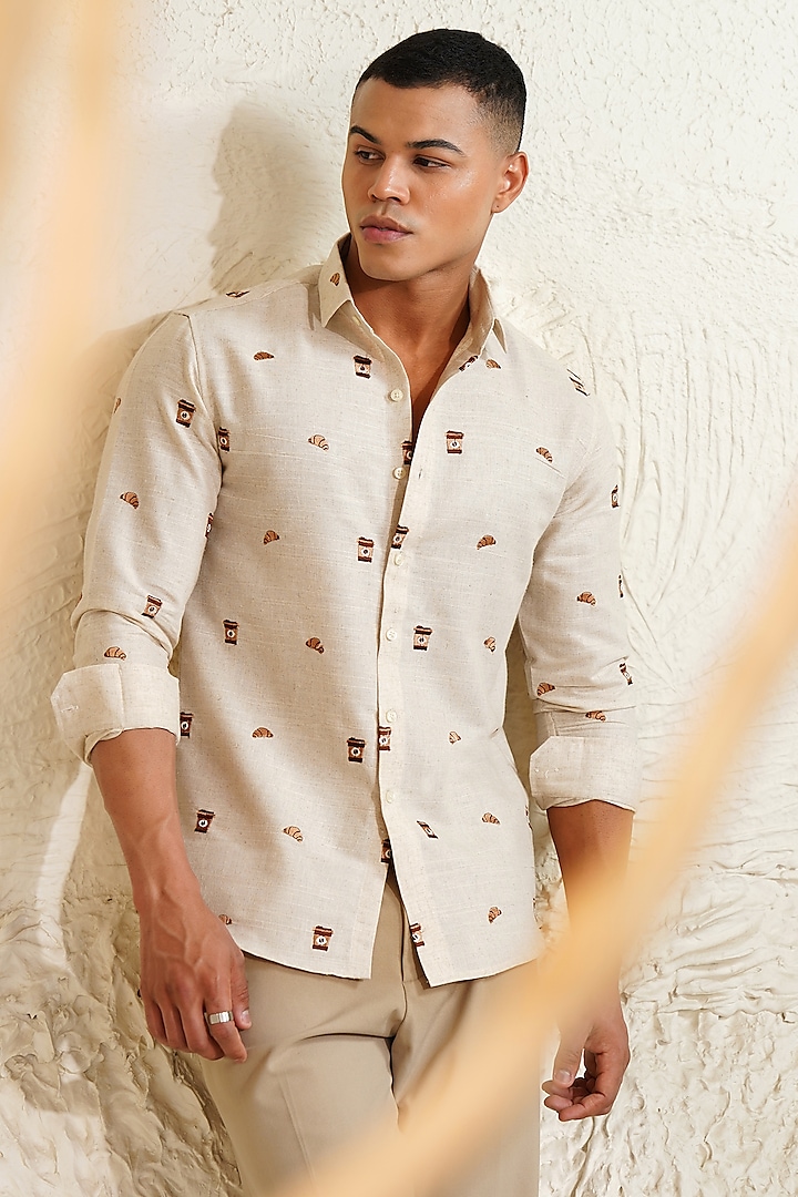 Off-White Linen Embroidered Shirt by Eleven Brothers