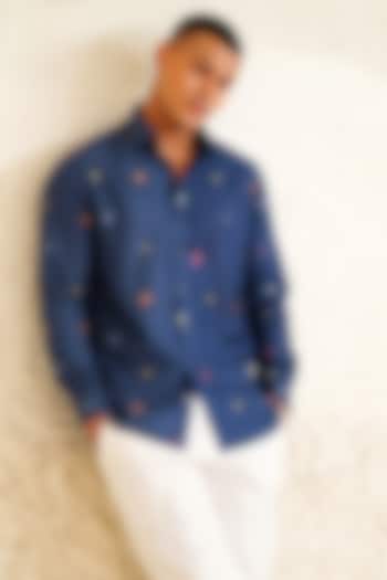 Navy Blue Linen Embroidered Shirt by Eleven Brothers