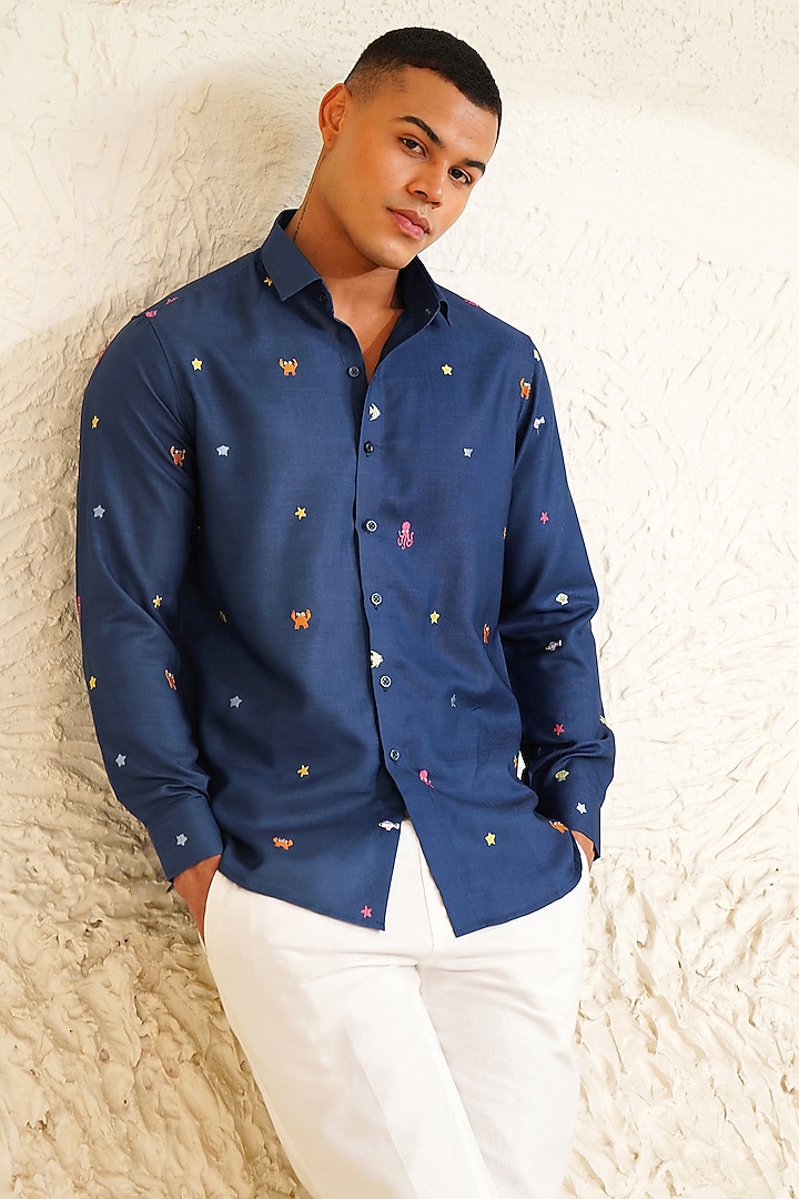 Navy Blue Linen Embroidered Shirt by Eleven Brothers