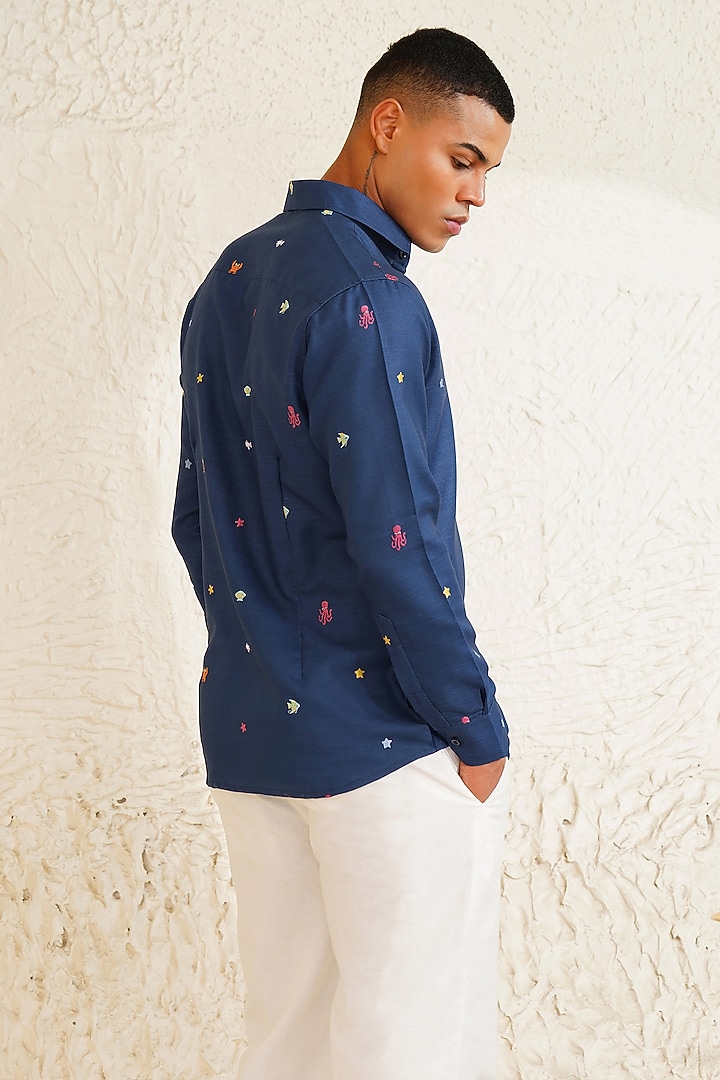 Navy Blue Linen Embroidered Summer Shirt by Eleven Brothers at Pernia's Pop Up Shop