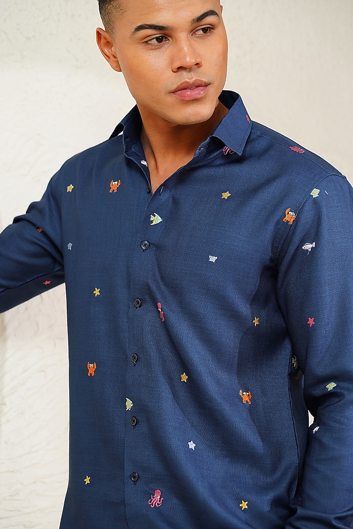 Navy Blue Linen Embroidered Summer Shirt by Eleven Brothers at Pernia's Pop Up Shop