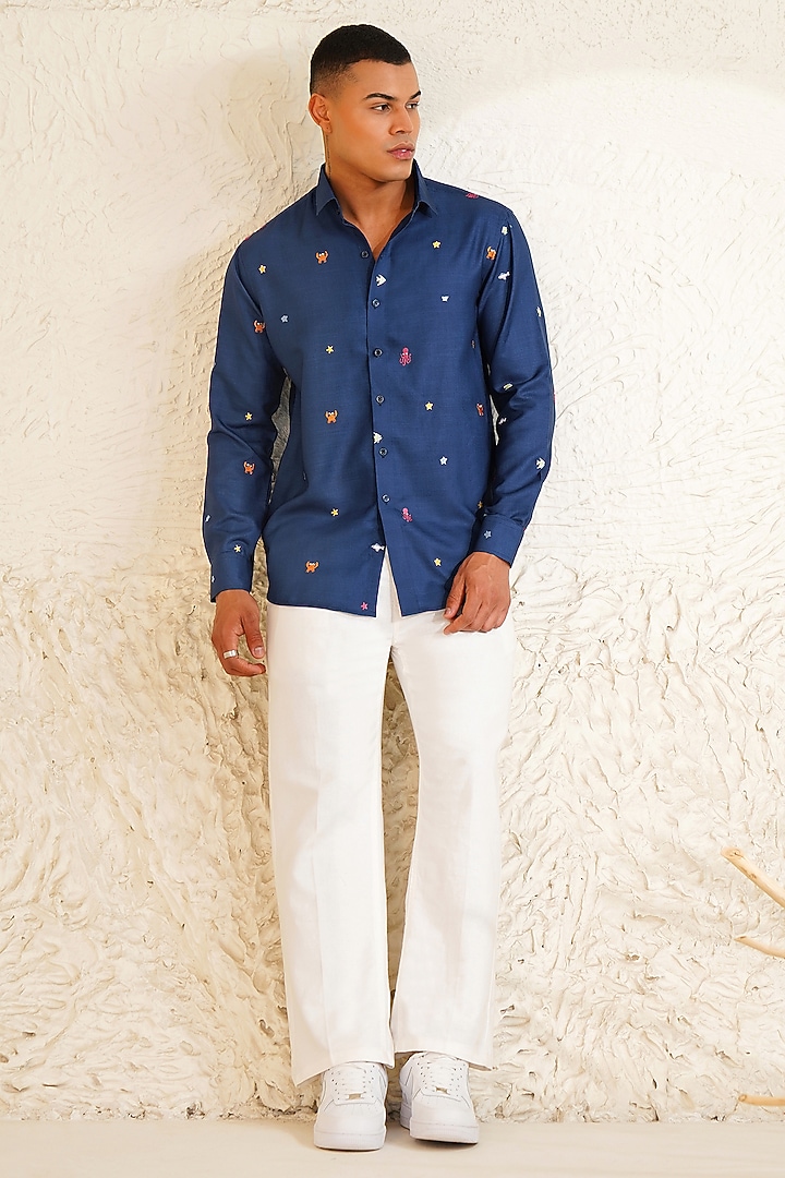 Navy Blue Linen Embroidered Summer Shirt by Eleven Brothers at Pernia's Pop Up Shop