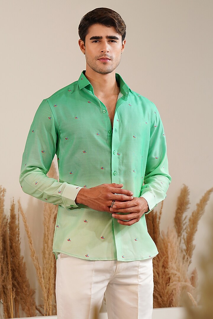 Green Linen Embroidered Shirt by Eleven Brothers