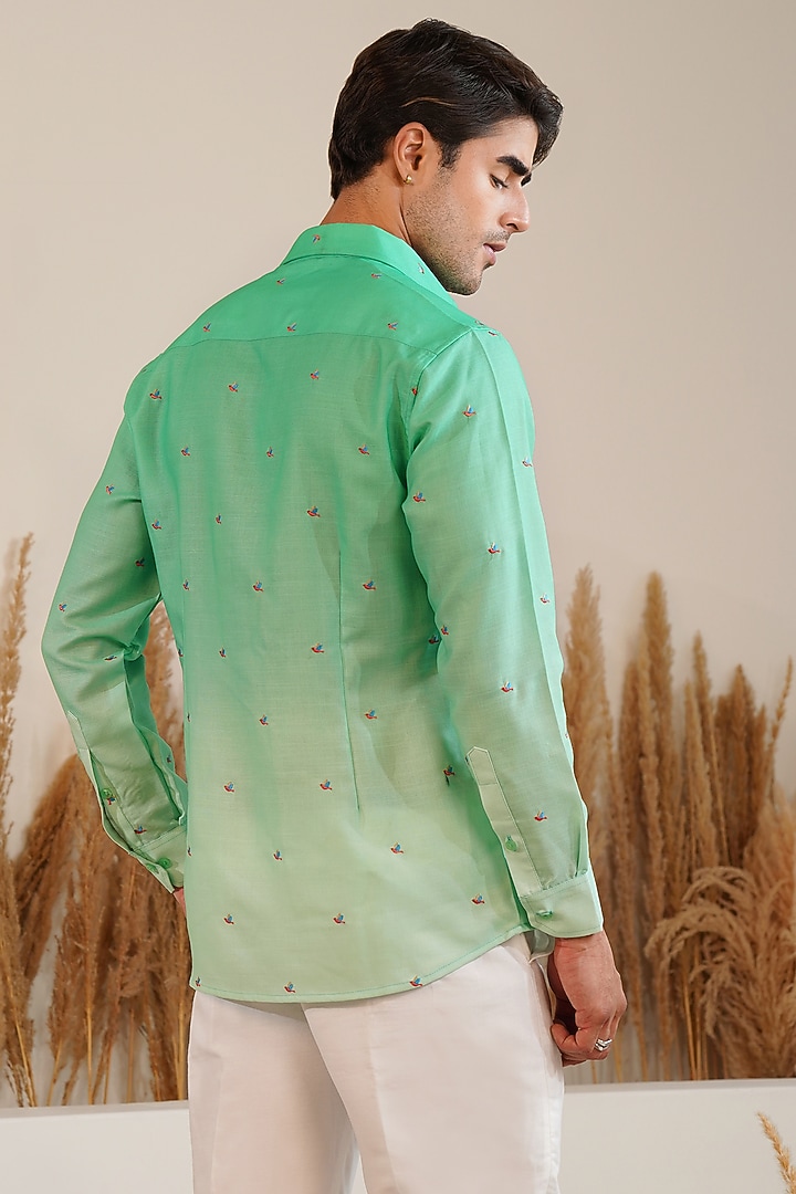 Green Linen Embroidered Summer Shirt by Eleven Brothers at Pernia's Pop Up Shop