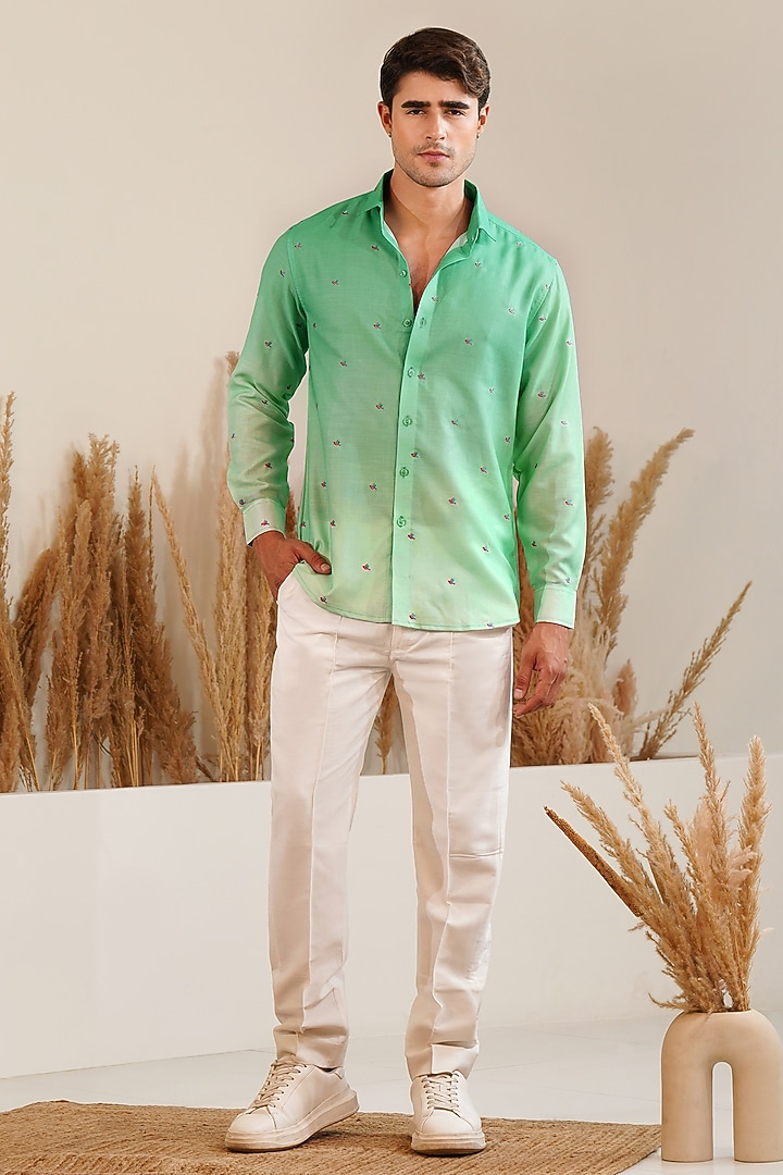 Green Linen Embroidered Summer Shirt by Eleven Brothers at Pernia's Pop Up Shop