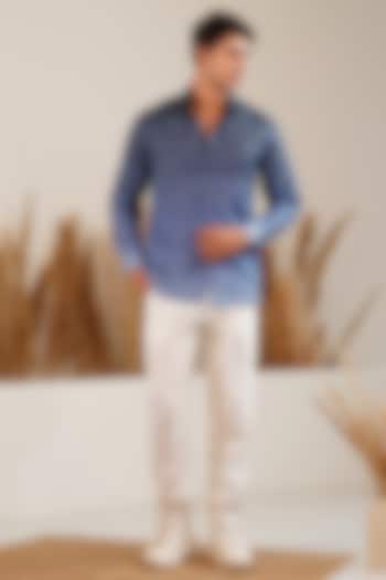Dark Blue Linen Embroidered Shirt by Eleven Brothers